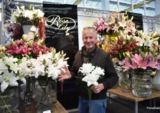 Johan de Looff of Lily Innovation, the breeder of Roselily. In the picture he is holding Nadia, a new variety with fringe petals.